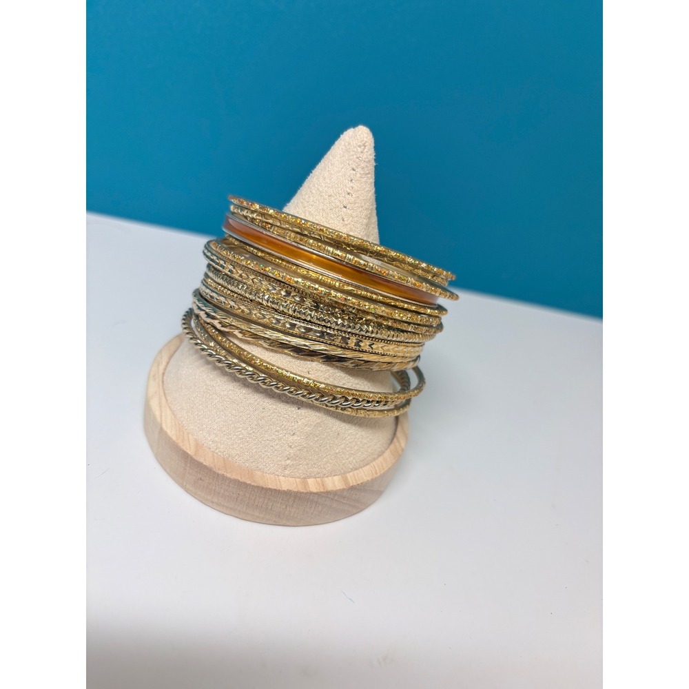 Gold‎ Tone Bangle Bracelet Set 17pc Textured Glitter Orange Boho Stackable